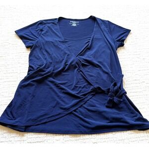 Motherhood Maternity Nursing Wrap Top Navy Blue Short Sleeve Side Tie Large